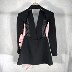 Women Notched Long Sleeve Patchwork Black Solid Blazer - Golden Atelier