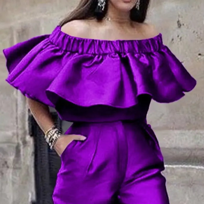 Women Open Shoulder Solid Purple Color Ruffles Top - Golden Atelier