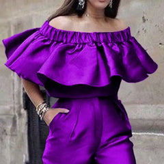 Women Open Shoulder Solid Purple Color Ruffles Top - Golden Atelier