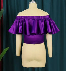 Women Open Shoulder Solid Purple Color Ruffles Top - Golden Atelier