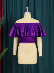 Women Open Shoulder Solid Purple Color Ruffles Top - Golden Atelier