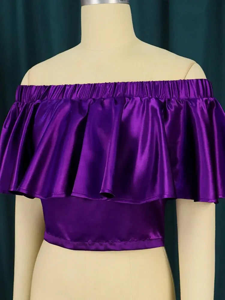 Women Open Shoulder Solid Purple Color Ruffles Top - Golden Atelier