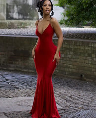 Women Solid Red Ruched Spaghetti Strap Open Back Maxi Dress - Golden Atelier