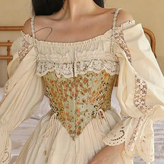 Yellow Floral Printed Lace Trim Off Shoulder Women Corset - Golden Atelier