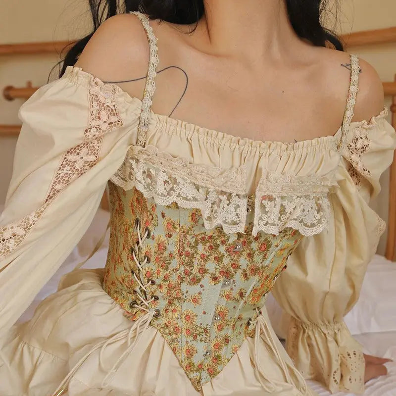 Yellow Floral Printed Lace Trim Off Shoulder Women Corset - Golden Atelier