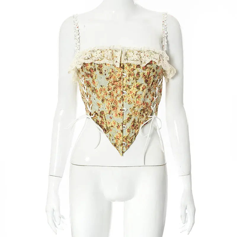 Yellow Floral Printed Lace Trim Off Shoulder Women Corset - Golden Atelier