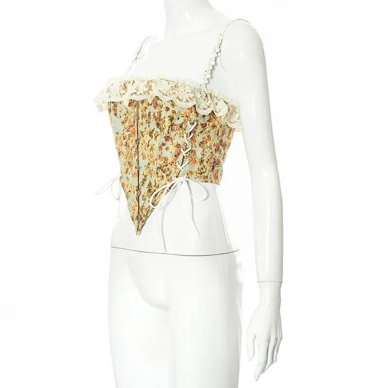 Yellow Floral Printed Lace Trim Off Shoulder Women Corset - Golden Atelier