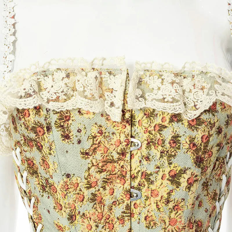 Yellow Floral Printed Lace Trim Off Shoulder Women Corset - Golden Atelier