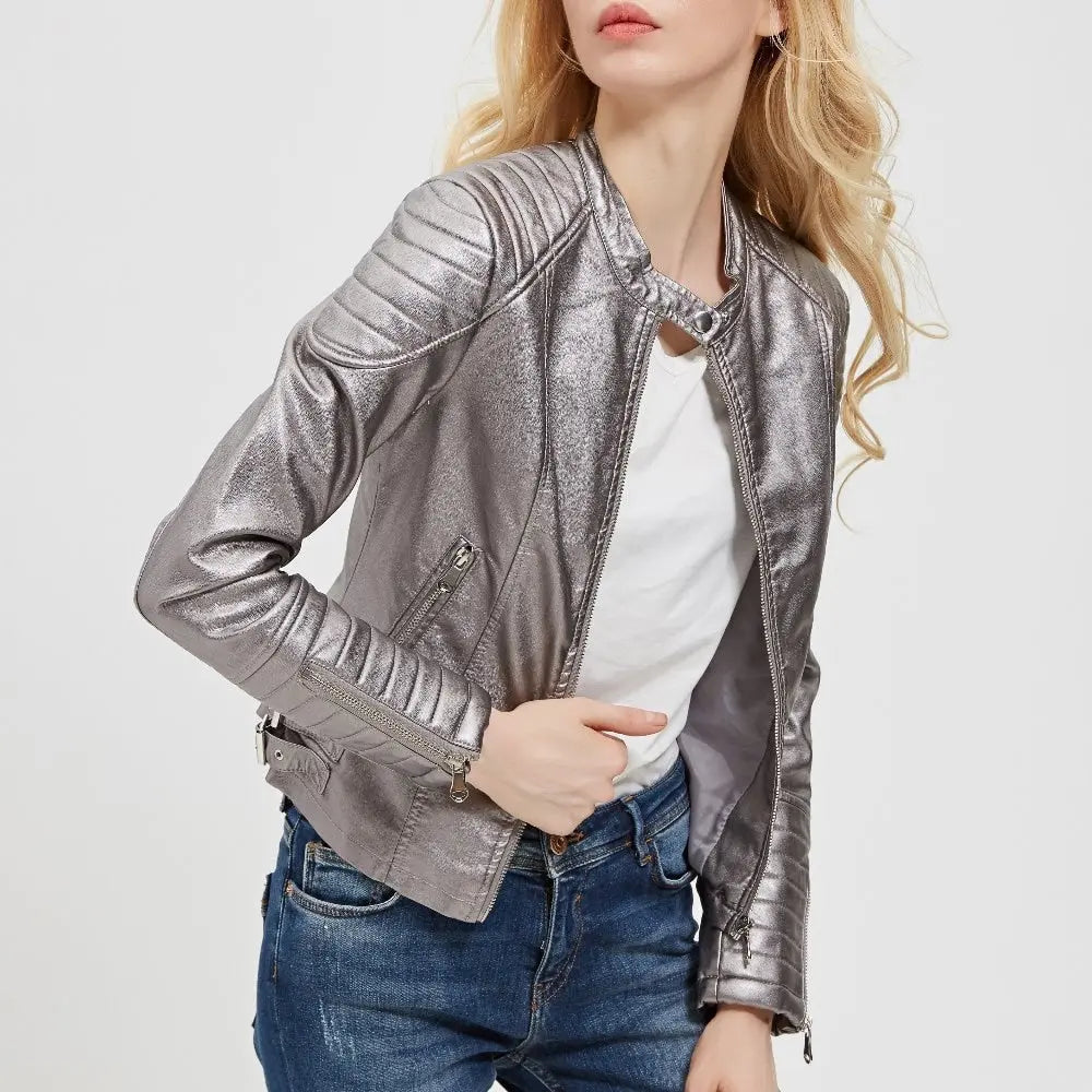 Zipper Faux Leather Biker Jacket - Golden Atelier