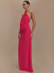 A-line pink party gown with halter neckline for women