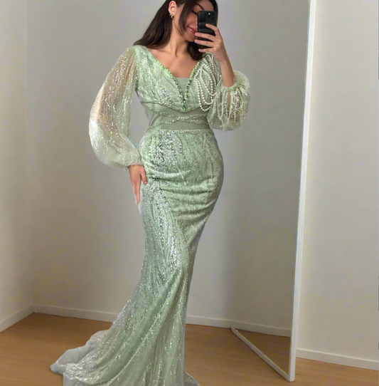 Light Green Full Sleeves Sequin Prom Dress