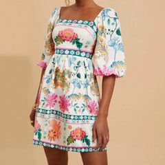 Bohemian puff sleeve dress with colorful floral patterns
