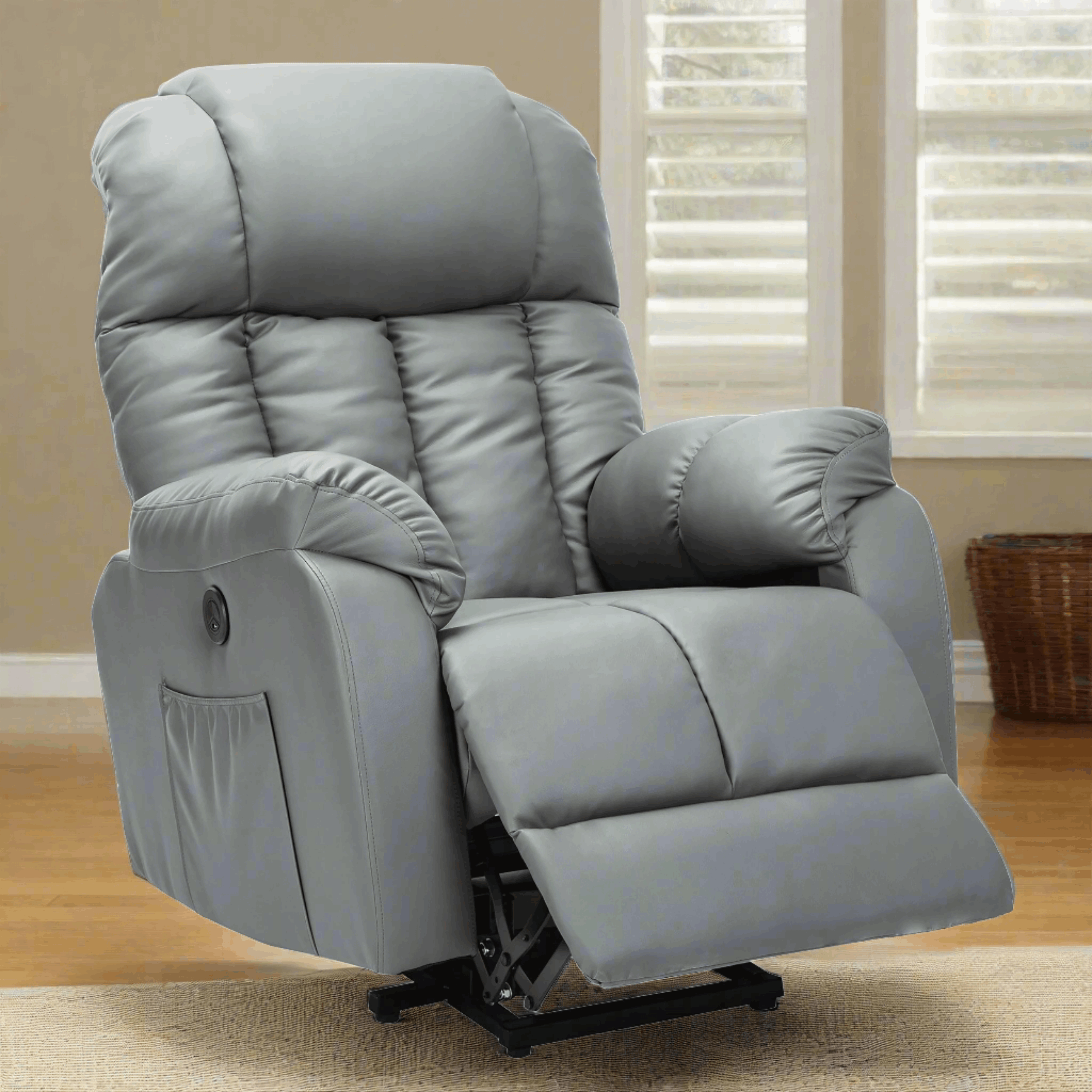 A gray electric power recliner lift sofa chair with an adjustable backrest and footrest, displayed in a raised position, indicating the lift function.