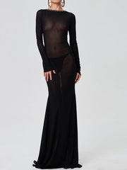 Adjustable lace back transparent maxi dress for modern celebration looks on a white background