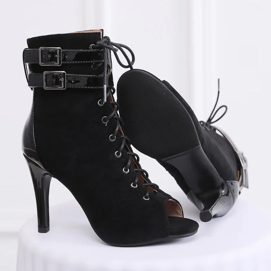 Open-toe lace-up heeled booties with slim stiletto heel
