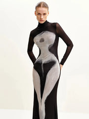 Woman wearing a long sleeve bodycon maxi dress with art-inspired print with a high neckline on a white background