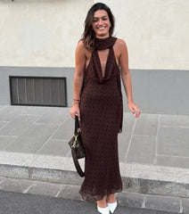 Ankle length brown party dress with dot print and open back for autumn outings