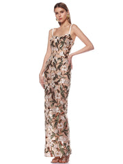 Ankle length cocktail dress with floral embroidery shown on model