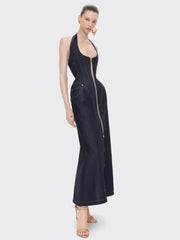 Woman wearing a ankle-length straight silhouette denim dress for evening plans  on a white background