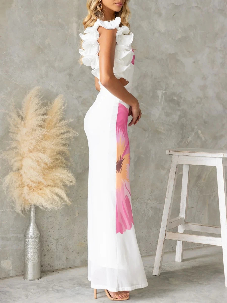 An ankle-length garden party dress with a vibrant floral print.