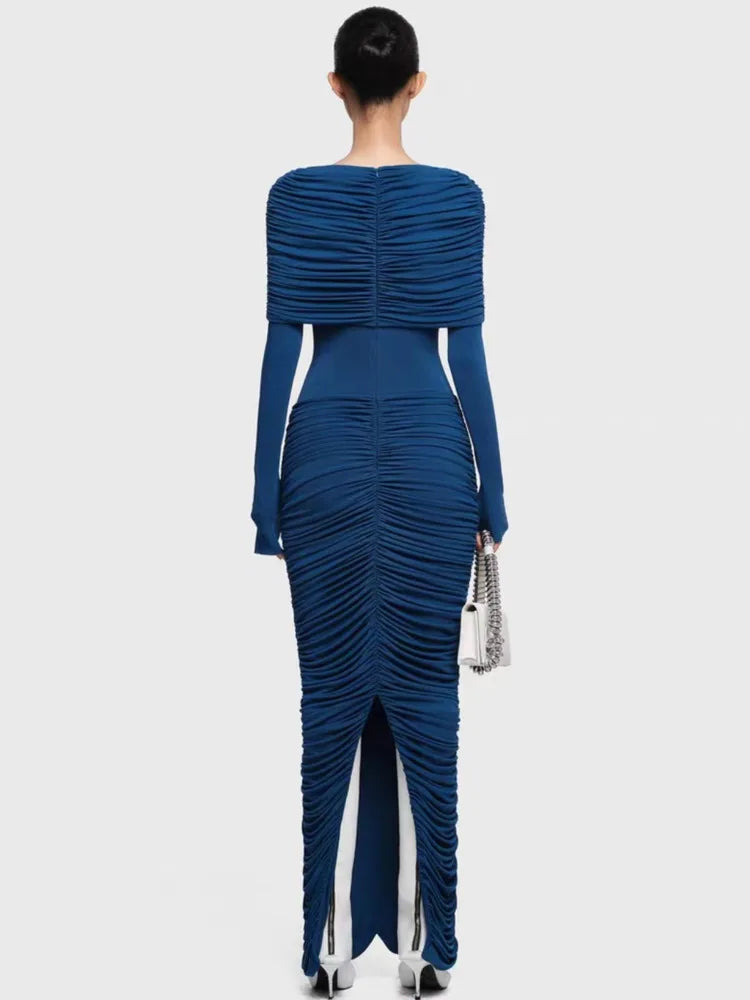 Long sleeve pleated evening dress with smooth waistline and elongated hem