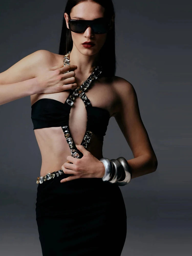 Ankle length sexy clubwear dress in black polyester