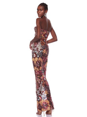 A woman wearing a full-length view of ankle-length sheath dress.Strapless Floral Sequins Backless Long Runway Gown Dress