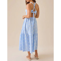 Ankle-length blue dress with square neck and floral embroidery