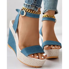 Front-view of women’s denim platform wedge heels