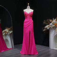 V-neck mermaid satin gown with appliqué detailing and side slit