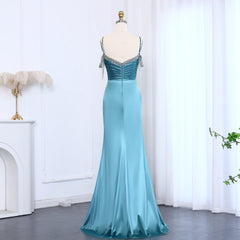 Sweep train detail on floor-length satin mermaid prom gown