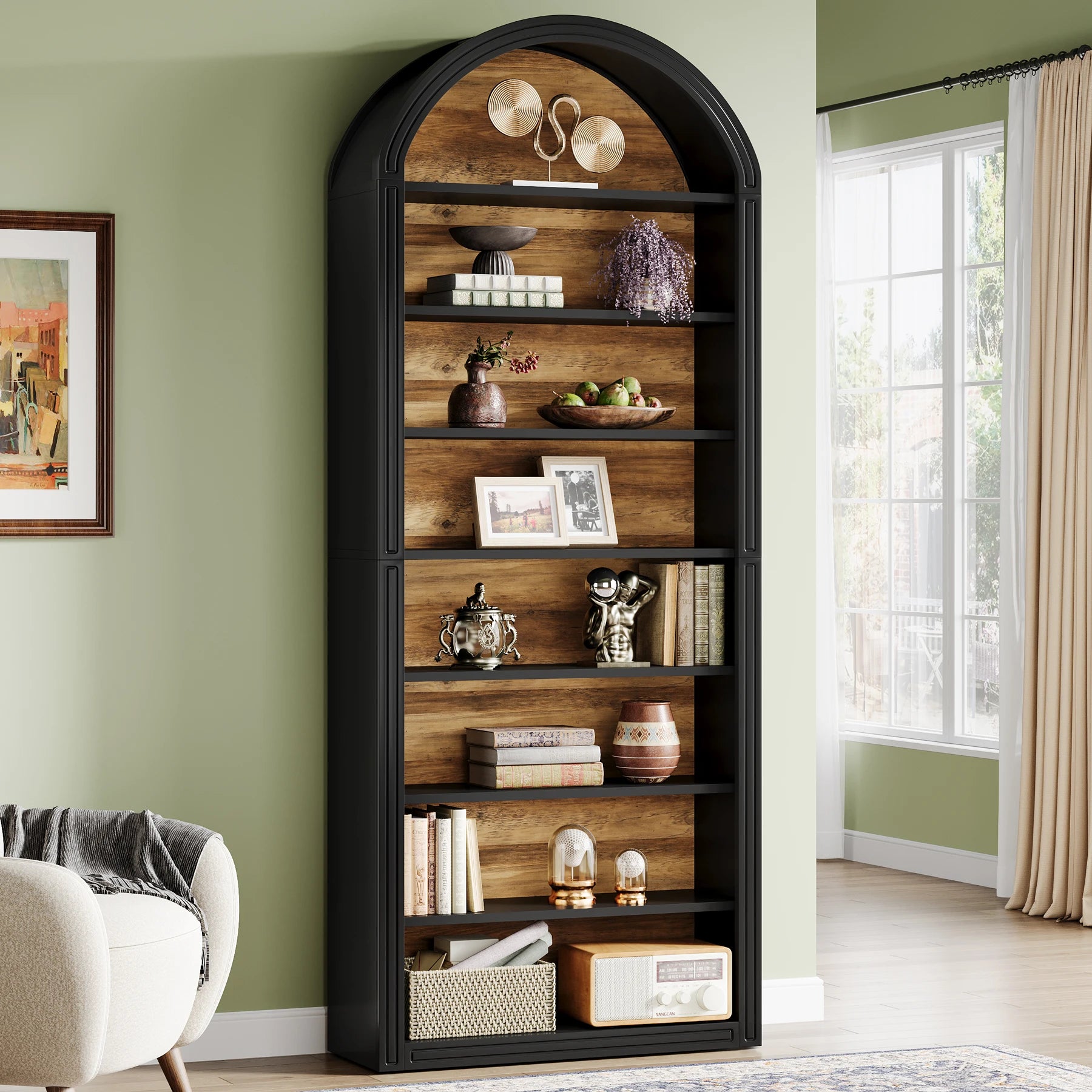 tall white arched bookshelf with open shelves and storage cabinet
