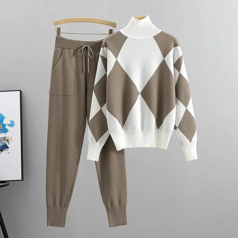 Argyle knit turtleneck sweater and matching pants set