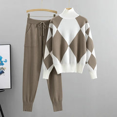 Argyle knit turtleneck sweater and matching pants set
