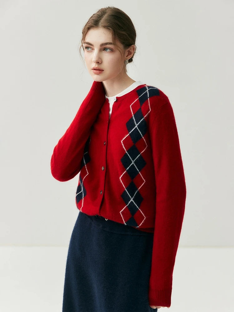 Close detail showing the argyle knit texture and soft cashmere finish