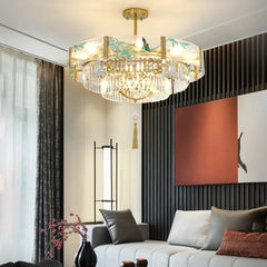 Art glass crystal pendant light styled above a dining table