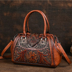 Artisan PU leather tote with floral pattern