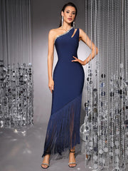 Close view highlighting the asymmetric neckline and smooth sculpting bandage fabric