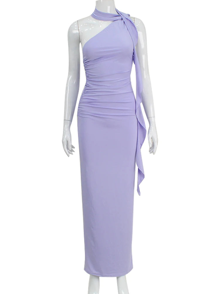Slim ankle-length purple dress with soft draped detailing