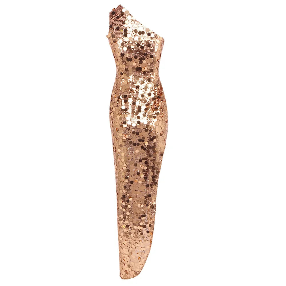 Sculpted sequined sheath dress with a modern party aesthetic