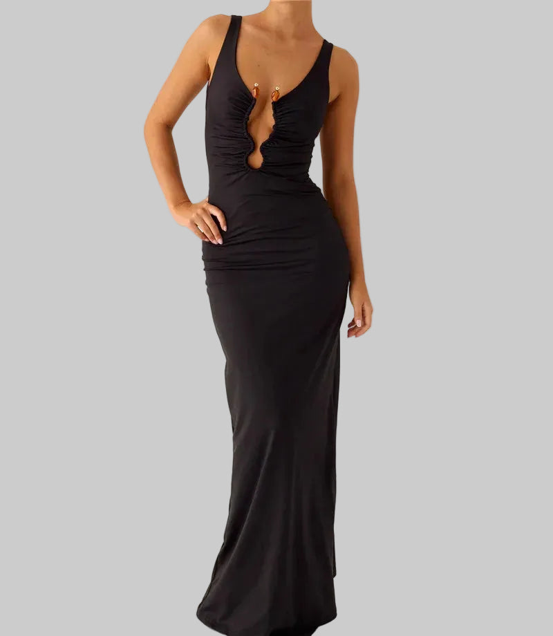 Full-length studio shot of a black sleeveless maxi dress with a deep plunge neckline and ruched center detail.