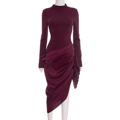 Long sleeve sheath midi dress with folded ruching and clean lines