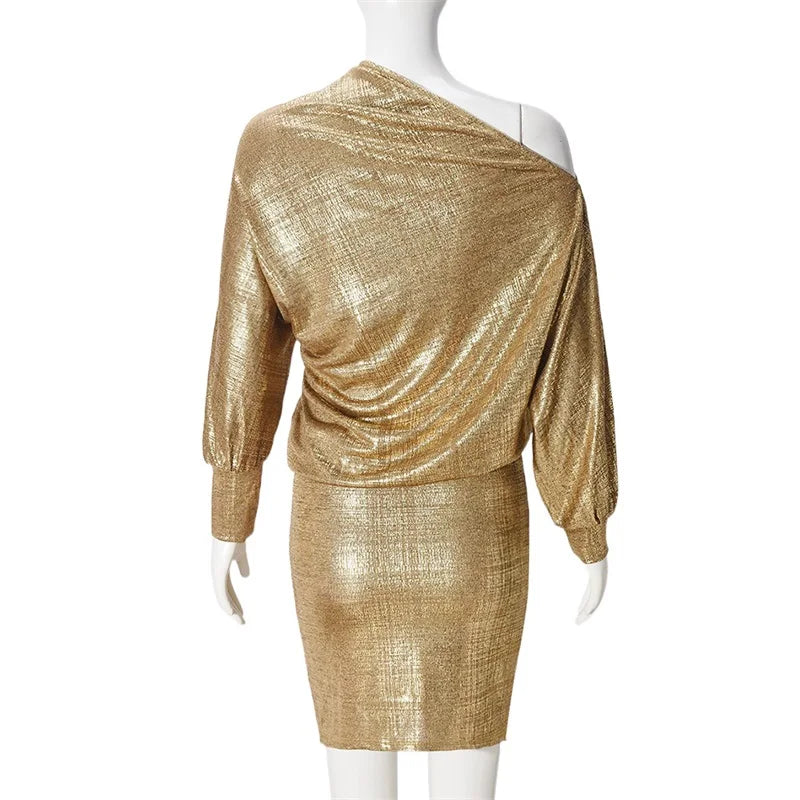 Back view of gold sequin long sleeve mini dress