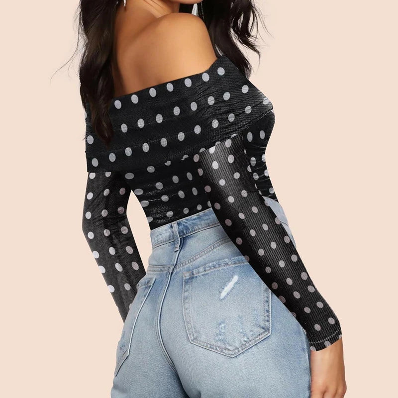 Slim fit off shoulder polka dot top styled with jeans