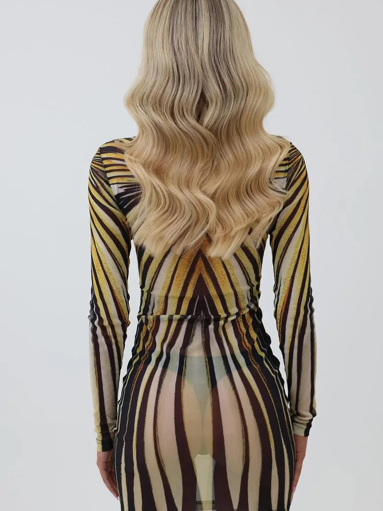 Back view person wearing a close-up of turtleneck sheer slim fit mini dress pattern on a plain background