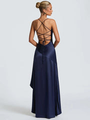 Backless club night satin maxi dress for women’s seasonal celebrations on a white background