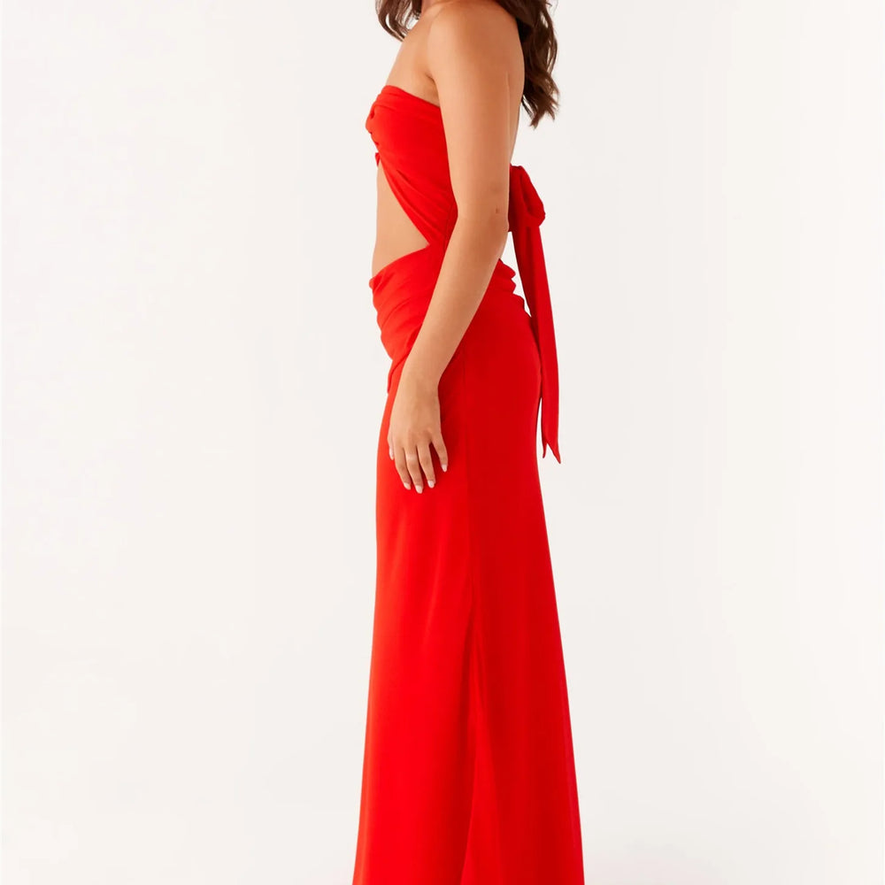 A close-up of the backless detail on the maxi dress.