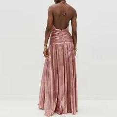 A close-up shot of the halter neckline and the high-split detail on the dress.

