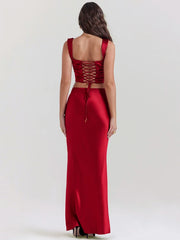Elegant red satin two-piece set for formal events- back view