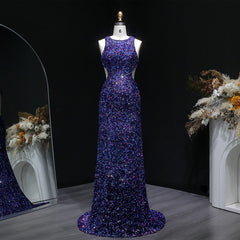 Backless sequin mermaid gown with a clean O-neckline